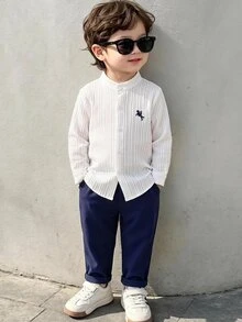 Kids Young Boys Collegiate Style Logo Embroidered Stand Collar Long Sleeve Shirt/Pants Set - Multicolor - View 1