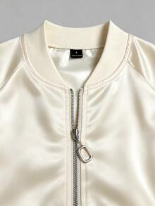 SHEIN LUNE Apricot Satin Baseball Jacket, Solid Color Without Print, Ribbed Baseball Crew Neck, Long Sleeve With Ribbed Cuffs, Ribbed Elastic Waistband, Light Luxury Casual Style, Minimalist Commuter Style, Suitable For Daily Commute, Casual Shopping, Short Trips, Inner Layer Or Outer Wear - Apricot - View 4