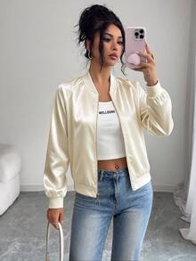SHEIN LUNE Apricot Satin Baseball Jacket, Solid Color Without Print, Ribbed Baseball Crew Neck, Long Sleeve With Ribbed Cuffs, Ribbed Elastic Waistband, Light Luxury Casual Style, Minimalist Commuter Style, Suitable For Daily Commute, Casual Shopping, Short Trips, Inner Layer Or Outer Wear - Apricot - View 6