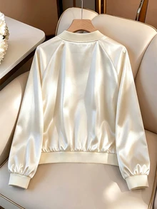 SHEIN LUNE Apricot Satin Baseball Jacket, Solid Color Without Print, Ribbed Baseball Crew Neck, Long Sleeve With Ribbed Cuffs, Ribbed Elastic Waistband, Light Luxury Casual Style, Minimalist Commuter Style, Suitable For Daily Commute, Casual Shopping, Short Trips, Inner Layer Or Outer Wear - Apricot - View 2