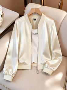 SHEIN LUNE Apricot Satin Baseball Jacket, Solid Color Without Print, Ribbed Baseball Crew Neck, Long Sleeve With Ribbed Cuffs, Ribbed Elastic Waistband, Light Luxury Casual Style, Minimalist Commuter Style, Suitable For Daily Commute, Casual Shopping, Short Trips, Inner Layer Or Outer Wear - Apricot - View 3