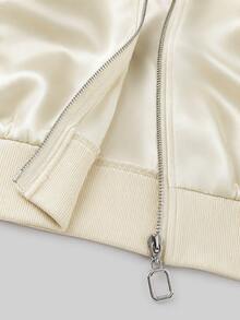 SHEIN LUNE Apricot Satin Baseball Jacket, Solid Color Without Print, Ribbed Baseball Crew Neck, Long Sleeve With Ribbed Cuffs, Ribbed Elastic Waistband, Light Luxury Casual Style, Minimalist Commuter Style, Suitable For Daily Commute, Casual Shopping, Short Trips, Inner Layer Or Outer Wear - Apricot - View 5