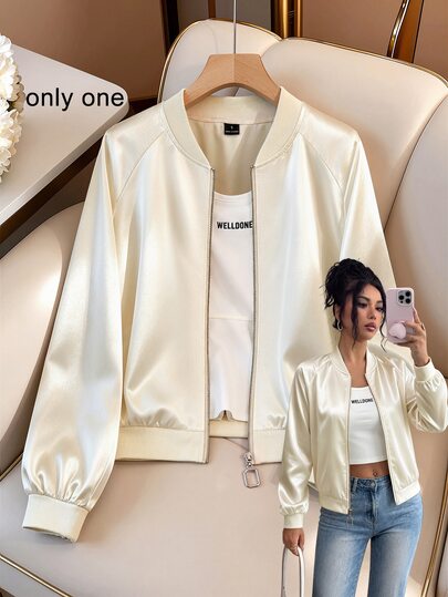 SHEIN LUNE Jaket Baseball Satin Aprikot, Warna Polos Tanpa Motif, Kerah Bulat Bergaris, Lengan Panjang dengan Manset Bergaris, Pinggang Elastis Bergaris, Gaya Kasual Mewah Ringan, Gaya Komuter Minimalis, Cocok untuk Perjalanan Sehari-hari, Belanja Santai, Perjalanan Singkat, Lapisan Dalam atau Luar