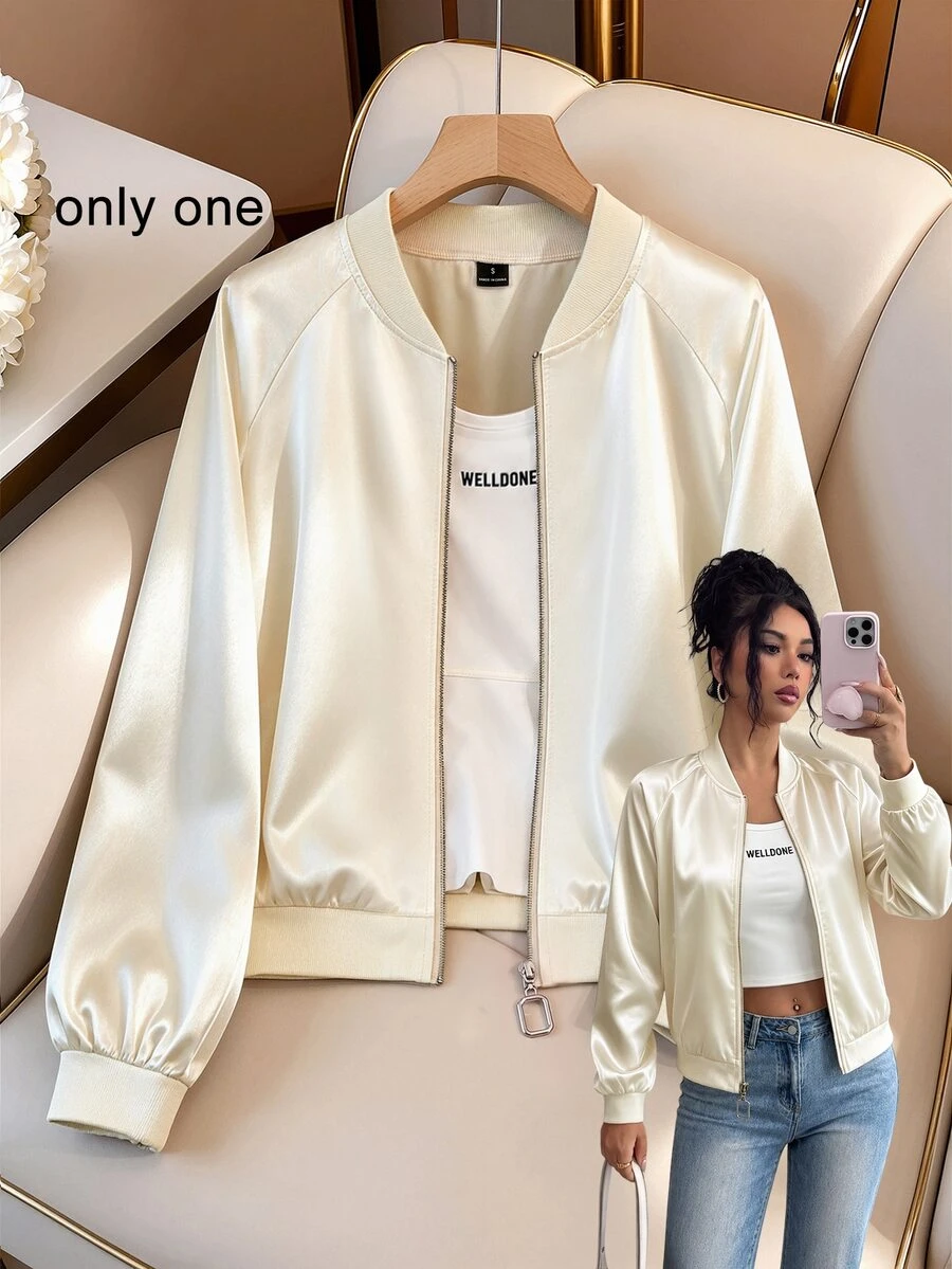 SHEIN LUNE Apricot Satin Baseball Jacket, Solid Color Without Print, Ribbed Baseball Crew Neck, Long Sleeve With Ribbed Cuffs, Ribbed Elastic Waistband, Light Luxury Casual Style, Minimalist Commuter Style, Suitable For Daily Commute, Casual Shopping, Short Trips, Inner Layer Or Outer Wear - Apricot - View 1