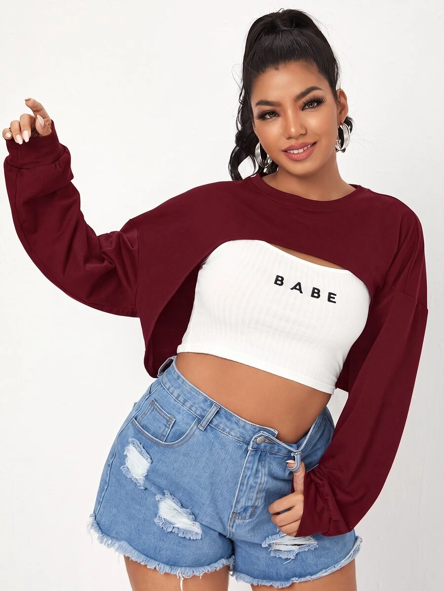 SHEIN EZwear 大尺碼女款純色休閒百搭日常運動衫 - 酒紅色 - 查看 1
