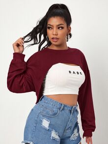 SHEIN EZwear 大尺碼女款純色休閒百搭日常運動衫 - 酒紅色 - 查看 4