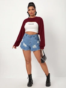 SHEIN EZwear 大尺碼女款純色休閒百搭日常運動衫 - 酒紅色 - 查看 3