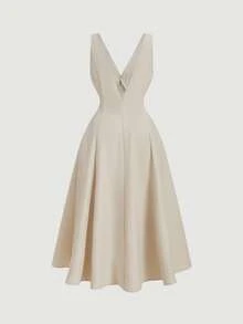 SHEIN MOD Plus Size Women's Apricot V-Neck Buttoned Dress, Modest Office Waisted Dress,Birthday Dresses For Women - Apricot - View 2