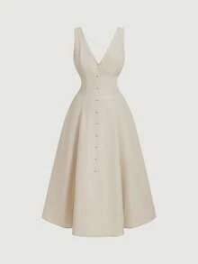 SHEIN MOD Plus Size Women's Apricot V-Neck Buttoned Dress, Modest Office Waisted Dress,Birthday Dresses For Women - Apricot - View 1