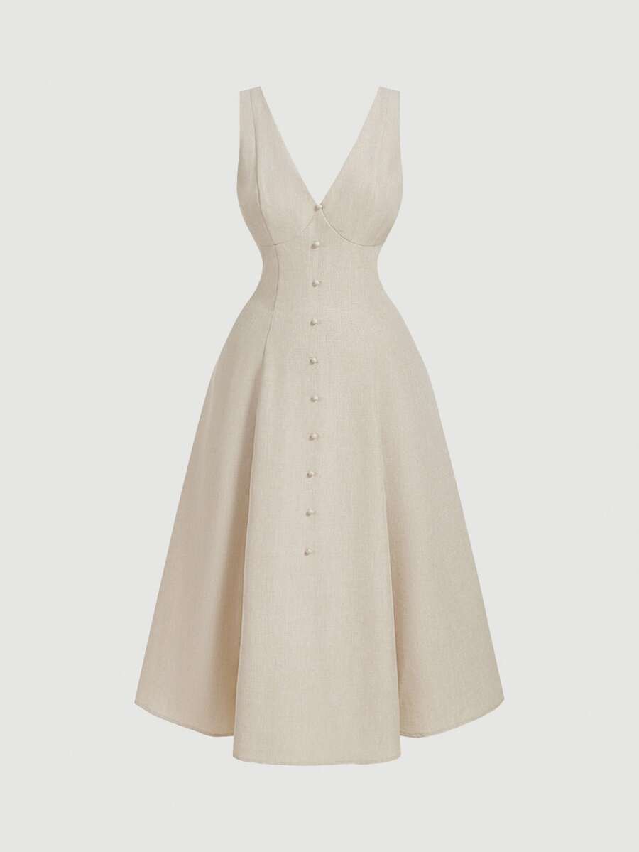 SHEIN MOD Plus Size Women's Apricot V-Neck Buttoned Dress, Modest Office Waisted Dress,Birthday Dresses For Women - Apricot - View 1