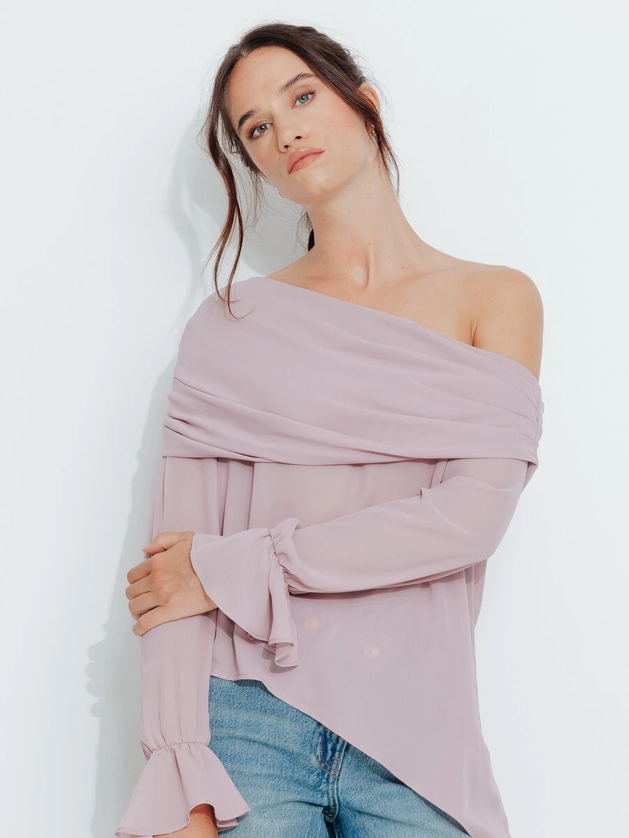 Pimkie Edition Women's Solid Color Asymmetrical Shoulder Long Sleeve Asymmetric Hem Top - Dusty Purple - View 1