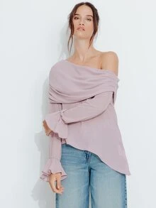 Pimkie Edition Women's Solid Color Asymmetrical Shoulder Long Sleeve Asymmetric Hem Top - Dusty Purple - View 5