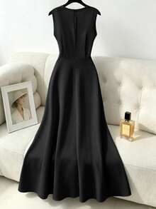 Franclia Summer Elegant High-End Elegant Light Luxury Round Neck Sleeveless Beaded Decor Chiffon Long Hem Waist-Cinching Slimming A-Line Long Dress, Women's Guest Dress, Women's Graduation Dress - Black - View 2