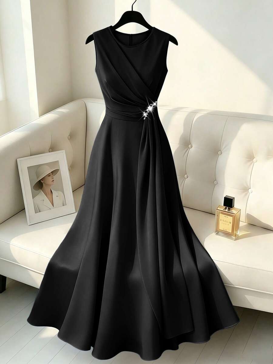 Franclia Summer Elegant High-End Elegant Light Luxury Round Neck Sleeveless Beaded Decor Chiffon Long Hem Waist-Cinching Slimming A-Line Long Dress, Women's Guest Dress, Women's Graduation Dress - Black - View 1