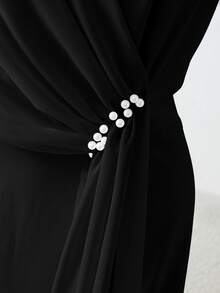 Franclia Summer Elegant High-End Elegant Light Luxury Round Neck Sleeveless Beaded Decor Chiffon Long Hem Waist-Cinching Slimming A-Line Long Dress, Women's Guest Dress, Women's Graduation Dress - Black - View 4