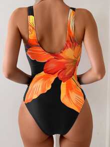 SHEIN Swim 女士连体多色大花卉图案圆领优雅高衩泳衣，夏季 - 橘色 - 查看 2