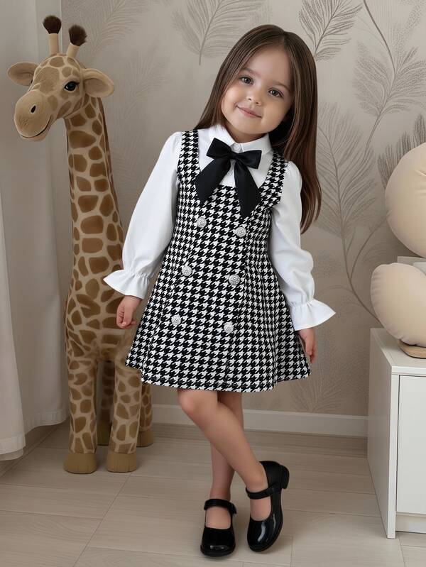 SHEIN Young Girl Houndstooth Print White,Summer,7th Birthday,Baby Shower,Back-To-School Princess Dress,Suspender Puff Sleeve Patchwork Christmas Gift Dress