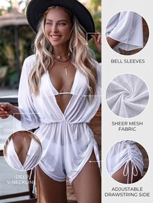 Swim Vcay Swim Suits For Women Summer Beach Sheer Mesh Bikini Set Halter Triangle Bra & Thong Bottom & Cover Up Dress 3 Piece Bathing Suit - White - View 1