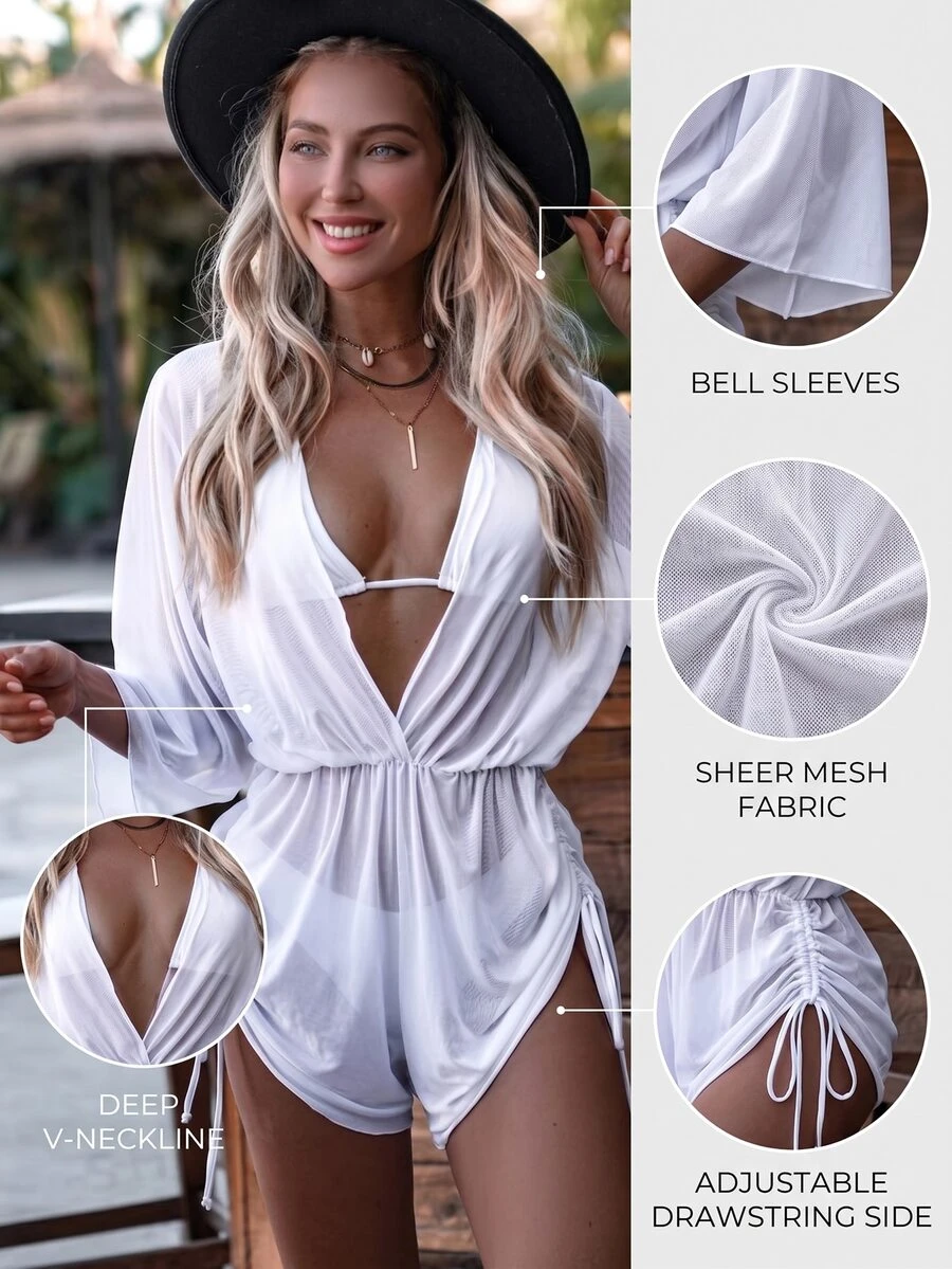 Swim Vcay Swim Suits For Women Summer Beach Sheer Mesh Bikini Set Halter Triangle Bra & Thong Bottom & Cover Up Dress 3 Piece Bathing Suit - White - View 1