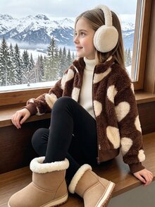 SHEIN 少女甜美可愛愛心美拉德毛絨拉鍊外套，適合日常休閒外出，春/秋/冬 - 棕色 - 查看 3
