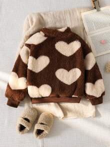 SHEIN 少女甜美可愛愛心美拉德毛絨拉鍊外套，適合日常休閒外出，春/秋/冬 - 棕色 - 查看 2