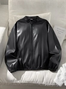 SHEIN 青少年女孩兒童休閒街頭風翻領PU皮革前開短版秋季夾克，杏色，返校季 - 黑色 - 查看 8