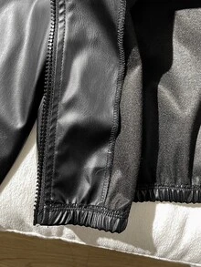 SHEIN 青少年女孩兒童休閒街頭風翻領PU皮革前開短版秋季夾克，杏色，返校季 - 黑色 - 查看 11