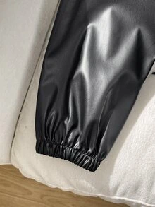 SHEIN 青少年女孩兒童休閒街頭風翻領PU皮革前開短版秋季夾克，杏色，返校季 - 黑色 - 查看 6