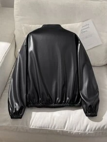 SHEIN 青少年女孩兒童休閒街頭風翻領PU皮革前開短版秋季夾克，杏色，返校季 - 黑色 - 查看 10