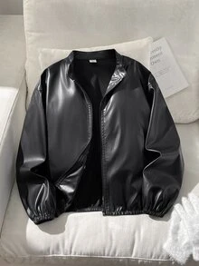 SHEIN 青少年女孩兒童休閒街頭風翻領PU皮革前開短版秋季夾克，杏色，返校季 - 黑色 - 查看 4