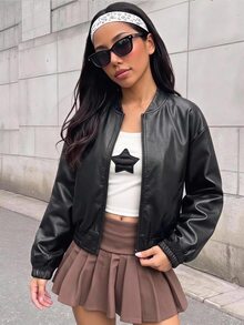 SHEIN 青少年女孩兒童休閒街頭風翻領PU皮革前開短版秋季夾克，杏色，返校季 - 黑色 - 查看 2
