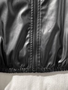 SHEIN 青少年女孩兒童休閒街頭風翻領PU皮革前開短版秋季夾克，杏色，返校季 - 黑色 - 查看 7