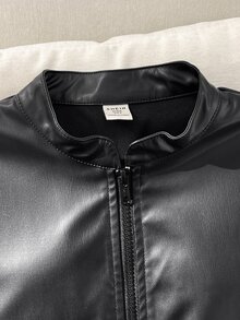 SHEIN 青少年女孩兒童休閒街頭風翻領PU皮革前開短版秋季夾克，杏色，返校季 - 黑色 - 查看 5