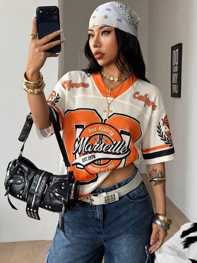 Coolane Summer Women Streetwear Holiday Casual Vintage Athletic Graphics Breathable Mesh Loose Football Jersey T-Shirt Brazil Cup 2026 Tops Burnt Orange - Apricot - View 5