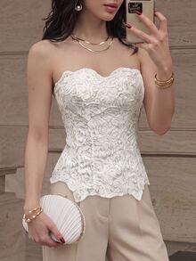 Firerie Women's Elegant Lace Bandeau Top, Summer, Back To School, Waist-Cinching - White - View 3