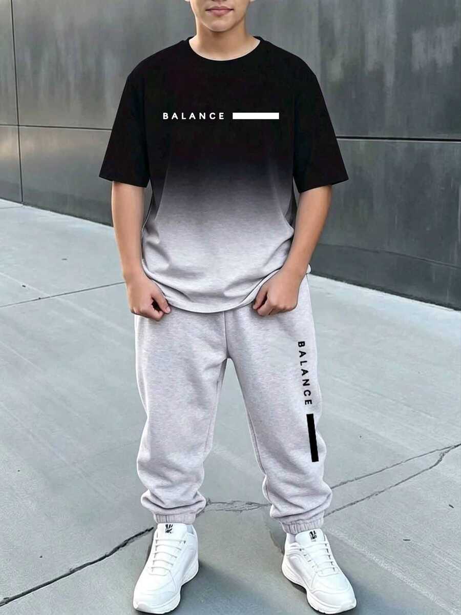 SHEIN Setelan Kaos Lengan Pendek Leher Bulat dan Celana Panjang Kasual Nyaman Modis Minimalis untuk Anak Laki-Laki Remaja - Putih - View 1