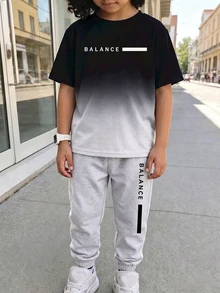 SHEIN 青少年男孩休閒舒適時尚極簡圓領短袖T恤與長褲套裝 - 白色 - 查看 1