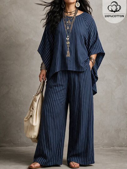Ceyna Ensemble 2 pièces pour femmes grande taille, style décontracté français bohème élégant, motif ondulé, col rond, manches longues, pantalon, bleu marine, été, vacances, formel, bureau
