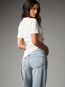 MISSGUIDED Asymmetric Hem Crew Neck Short Sleeve Fitted Crop Top With Draped Side Tail Detail Minimalist Style - White - View 3