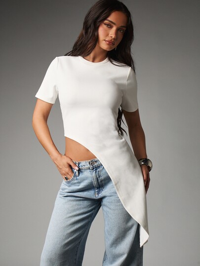 MISSGUIDED Asymmetric Hem Crew Neck Short Sleeve Fitted Crop Top With Draped Side Tail Detail Minimalist Style