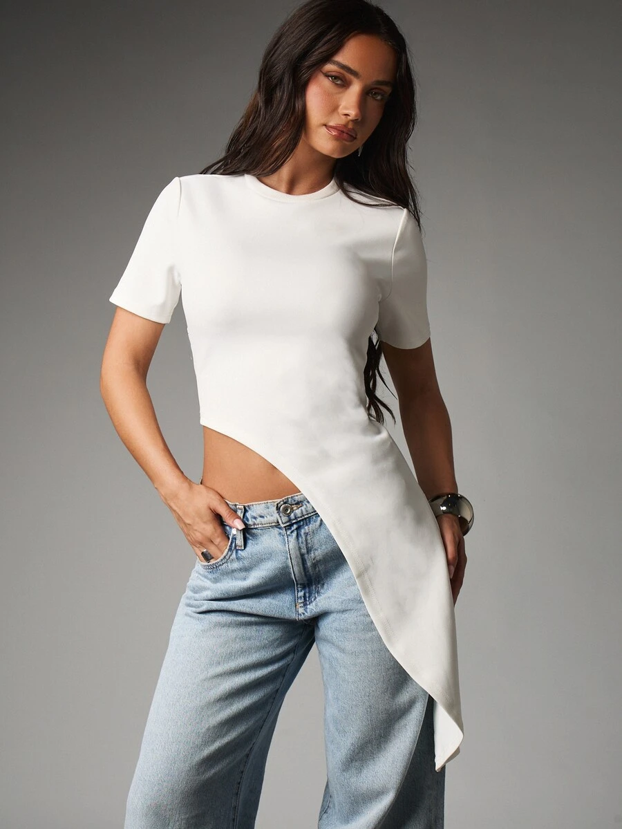 MISSGUIDED Asymmetric Hem Crew Neck Short Sleeve Fitted Crop Top With Draped Side Tail Detail Minimalist Style - White - View 1