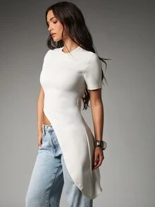 MISSGUIDED Asymmetric Hem Crew Neck Short Sleeve Fitted Crop Top With Draped Side Tail Detail Minimalist Style - White - View 5