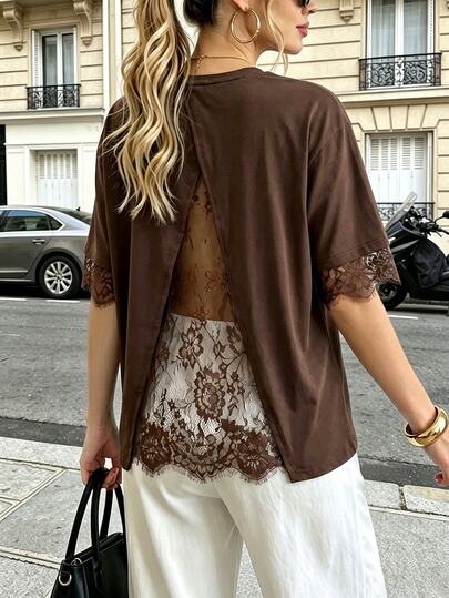 Pariaura Women's New Lace Patchwork Hollow Back Casual Short Sleeve Top