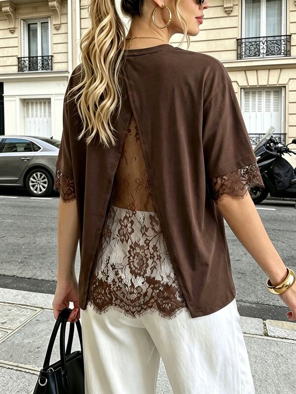 Pariaura Blusa casual de manga corta con parches de encaje y espalda calada para mujer