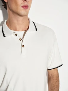 Colvenic 男士對比飾邊短袖休閒 Polo 衫 - 米色 - 查看 3