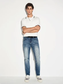 Colvenic 男士對比飾邊短袖休閒 Polo 衫 - 米色 - 查看 7