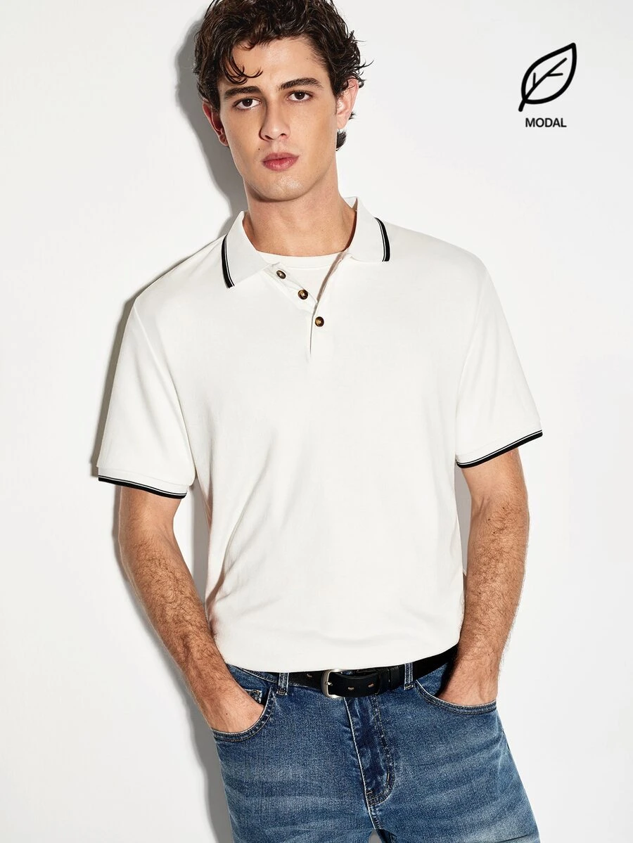 Colvenic 男士對比飾邊短袖休閒 Polo 衫
