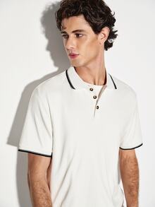 Colvenic 男士對比飾邊短袖休閒 Polo 衫 - 米色 - 查看 6