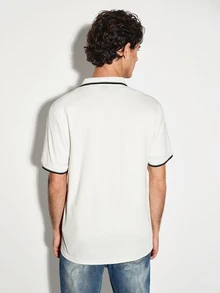 Colvenic 男士對比飾邊短袖休閒 Polo 衫 - 米色 - 查看 5