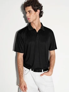 COLVENIC Black Modal Pique Knit Polo Shirt With Same-Color Lettering On Back Collar, Business Casual Short Sleeve For Men - Black - View 7